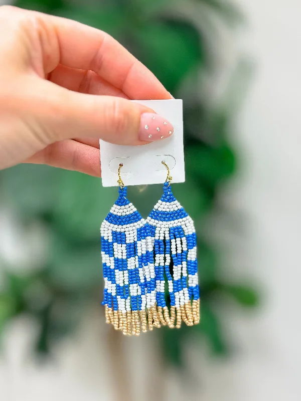 Dainty Floral Jewelry For Feminine Elegance Game Day Seed Bead Fringe Dangle Earrings - Blue & White