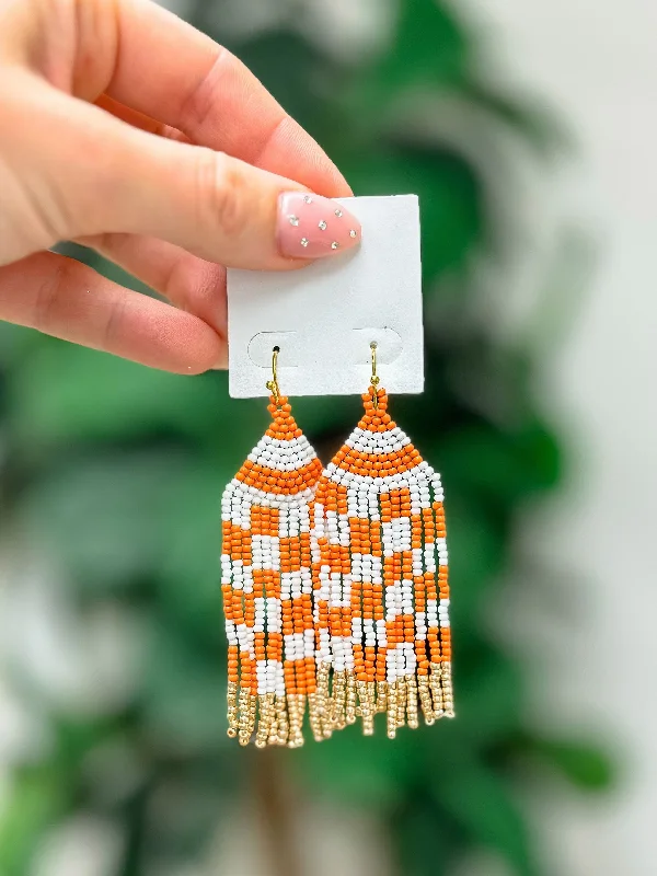 Customized Silver Jewelry For Unique Style Game Day Seed Bead Fringe Dangle Earrings - Orange & White