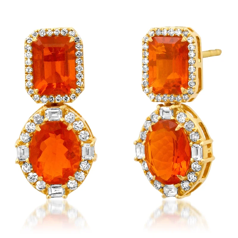 Dainty Floral Jewelry For Feminine Elegance One of a Kind Fire Opal & Diamond Double Drop Earrings