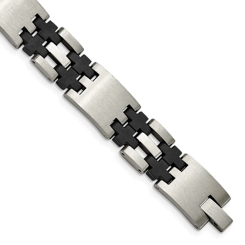 Premium Jewelry At Promotional Prices – Shine Today Men's 13.5mm Stainless Steel Black Rubber Link Bracelet, 8.75 Inch Premium Jewelry At Promotional Prices – Shine Today Men's 13.5mm Stainless Steel Black Rubber Link Bracelet, 8.75 Inch