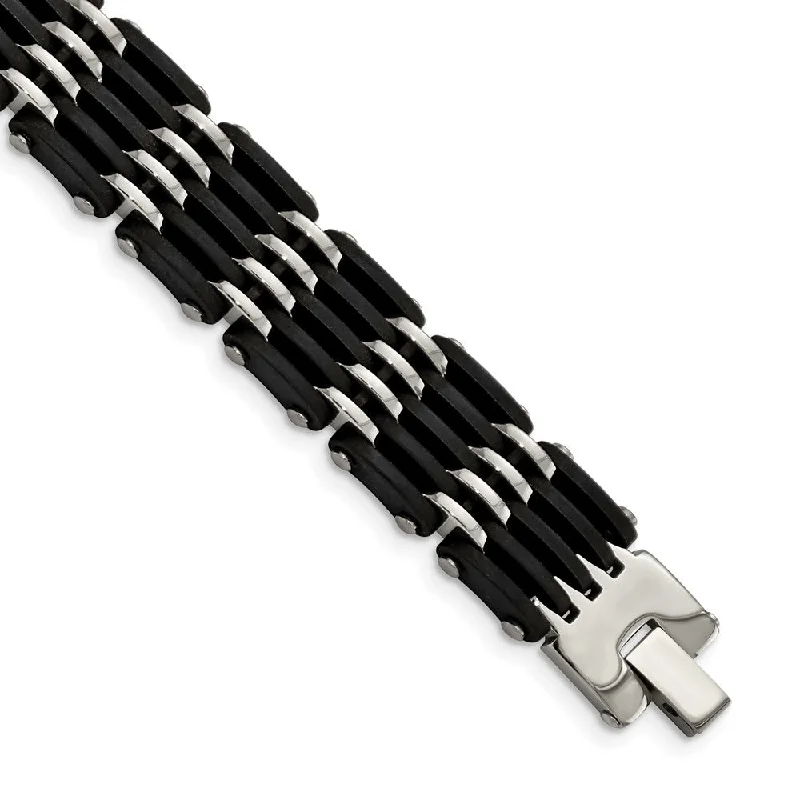 Affordable Glamour – Must-Have Jewelry At Special Rates Men's 15mm Black Rubber & Polished Stainless Steel Bracelet, 8.25 Inch Affordable Glamour – Must-Have Jewelry At Special Rates Men's 15mm Black Rubber & Polished Stainless Steel Bracelet, 8.25 Inch