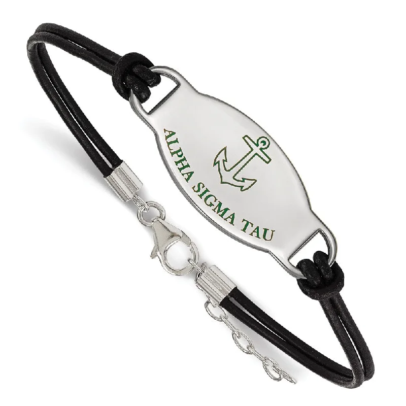 Affordable Gold-Plated Jewelry For Modern Fashion Sterling Silver Alpha Sigma Tau Enamel Blk Leather Bracelet - 7 in. Affordable Gold-Plated Jewelry For Modern Fashion Sterling Silver Alpha Sigma Tau Enamel Blk Leather Bracelet - 7 in.